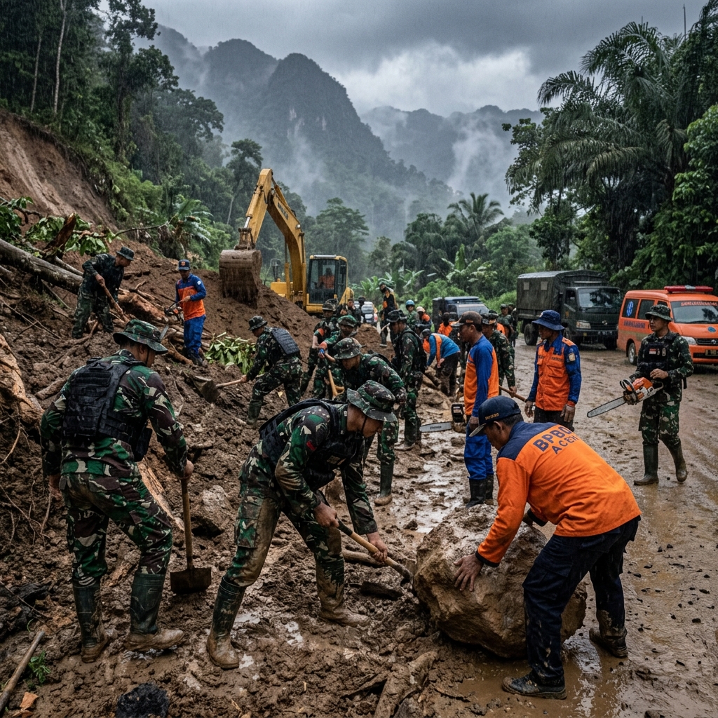 Babinsa dan BPBD evakuasi material longsor di jalan nasional Takengon